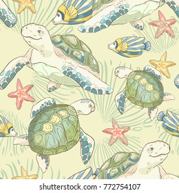 Seamless pattern with hand drawn sea fish and turtles. Sea wallpaper. Vector illustration.