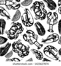 Seamless pattern with hand drawn seafood isolated on white. Illustration with sea food sketch: salmon steaks, crab, lobster, shrimp for restaurant menu.