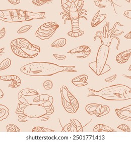 Seamless pattern with hand drawn seafood