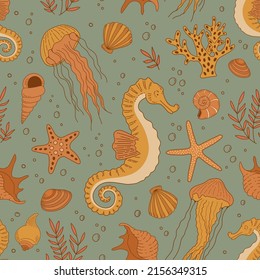 Seamless pattern with hand drawn seahorse, jellyfish, shells, stars and coral on green background. Vintage sea life vector ornament. Underwater world illustration