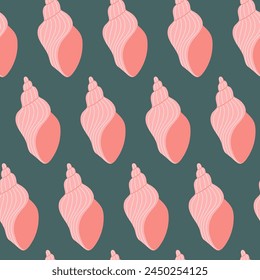 Seamless pattern with hand drawn seashell on emerald background. Template for print, fabric, greeting card and invitation. Vector illustration