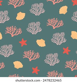 Seamless pattern with hand drawn seashell and corals on dark blue background. Template for print, fabric, greeting card and invitation. Vector illustration