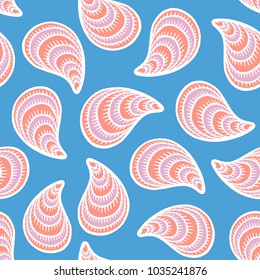 Seamless pattern with hand drawn seashells, mussels. Marine theme. Vector illustration
