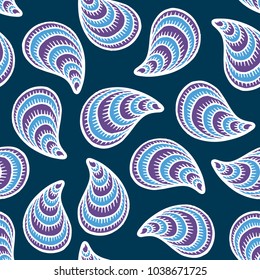Seamless pattern with hand drawn seashells, mussels. Marine theme. Vector illustration