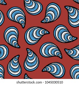 Seamless pattern with hand drawn seashells, mussels. Marine theme. Vector illustration