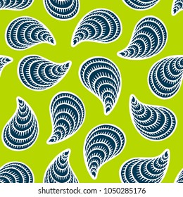Seamless pattern with hand drawn seashells, mussels. Marine theme. Vector illustration