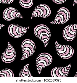 Seamless pattern with hand drawn seashells, mussels. Marine theme. Vector illustration