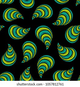 Seamless pattern with hand drawn seashells, mussels. Marine theme. Vector illustration