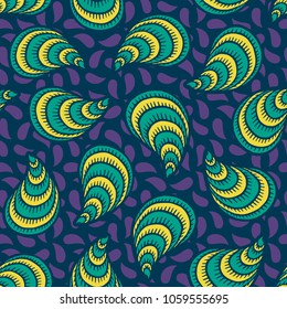 Seamless pattern with hand drawn seashells, mussels. Marine theme. Vector illustration