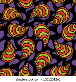 Seamless pattern with hand drawn seashells, mussels. Marine theme. Vector illustration
