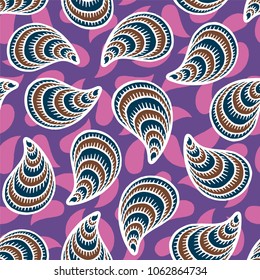 Seamless pattern with hand drawn seashells, mussels. Marine theme. Vector illustration