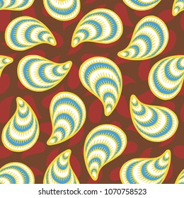 Seamless pattern with hand drawn seashells, mussels. Marine theme. Vector illustration