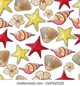 Seamless pattern with hand drawn seashells and starfish on white background 