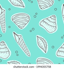 Seamless pattern with hand drawn seashells on the green background. Doodle, simple outline illustration. It can be used for decoration of textile, paper.