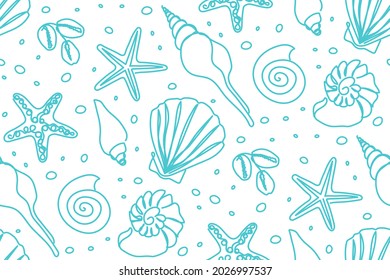 Seamless pattern of hand drawn seashells in blue line art and white background. Vector illustration.