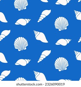 Seamless pattern of hand drawn seashells on isolated background. Design for summertime celebration, scrapbooking, wedding invitation, textile, home decor, nursery decoration, paper craft.  