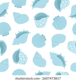 Seamless pattern of hand drawn seashells in blue colors. Background for print, greeting card, textile, wallpaper. Vector illustration