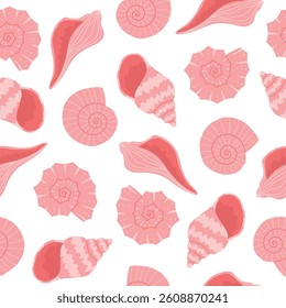 Seamless pattern of hand drawn seashells in pink colors. Background for print, greeting card, textile, wallpaper. Vector illustration