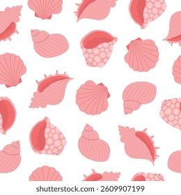 Seamless pattern of hand drawn seashells in pink colors. Background for print, greeting card, textile, wallpaper. Vector illustration