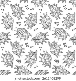 Seamless pattern of hand drawn seashells on white background. Marine style design. Vector illustration. Coastal and beach theme concept for textile, wallpaper and interior design.
