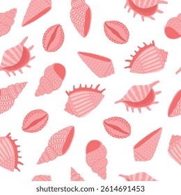 Seamless pattern of hand drawn seashells in pink colors. Background for print, greeting card, textile, wallpaper. Vector illustration