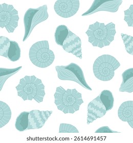 Seamless pattern of hand drawn seashells in blue colors. Background for print, greeting card, textile, wallpaper. Vector illustration