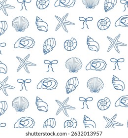 Seamless pattern with hand drawn seashells, starfish, and ribbons. Nautical coastal background. Marine wallpaper with ocean shells and bows. Vintage beach print	
