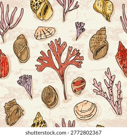Seamless pattern with hand drawn seashells, snails, mollusks, corals and sea plants in a retro style. Wax crayon texture and soft distressed background create a warm coastal mood. Muted tones of pink, beige, sand, brown and coral add a vintage seaside feel. Perfect for summer resort textiles, swimwear, accessories, wallpaper and interior decor.