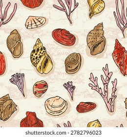 Seamless pattern with hand drawn seashells, snails, mollusks, corals and sea plants in a retro style. Wax crayon texture and soft distressed background create a warm coastal mood. Muted tones of pink, beige, sand, brown and coral add a vintage seaside feel. Perfect for summer resort textiles, swimwear, accessories, wallpaper and interior decor.