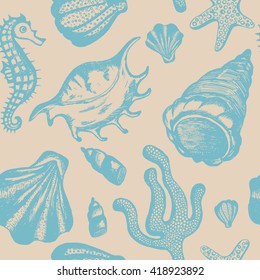 Seamless pattern with hand drawn seashells. Marine background. Vector vintage texture with seashells, coral, sea horse, starfish
