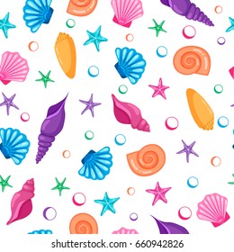 Seamless pattern with hand drawn seashells and starfishes. Cartoon style.