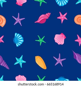 Seamless pattern with hand drawn seashells and starfishes. Cartoon style.