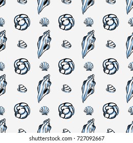Seamless pattern with hand drawn seashells. Marine vector design.