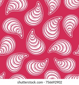 Seamless pattern with hand drawn seashells, mussels. Marine theme. Vector illustration