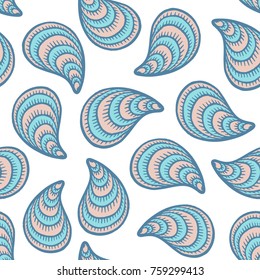 Seamless pattern with hand drawn seashells, mussels. Marine theme. Vector illustration