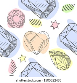 Seamless pattern of hand drawn semiprecious stones. Trendy hipster retro background, Pattern of cut shapes.