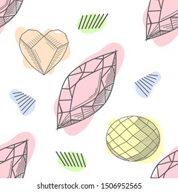 Seamless pattern of hand drawn semiprecious stones: jade, rock crystal, citrine, amethyst, aquamarine, granite, amber, quartz, garnet. Trendy hipster retro background, Pattern of cut shapes.