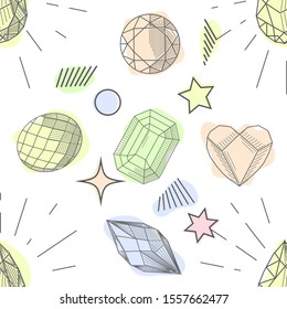 Seamless pattern of hand drawn semiprecious stones: jade, rock crystal, citrine, amethyst, aquamarine, granite, amber, quartz, garnet. Trendy hipster retro background, Pattern of cut shapes.