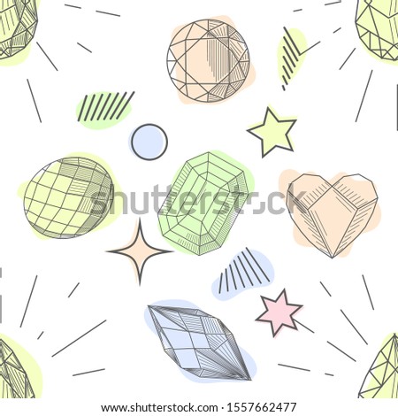 Seamless pattern of hand drawn semiprecious stones: jade, rock crystal, citrine, amethyst, aquamarine, granite, amber, quartz, garnet. Trendy hipster retro background, Pattern of cut shapes.