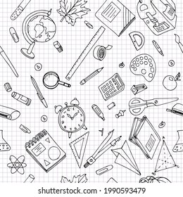 Seamless pattern of hand drawn set of school doodle on checkered background.Back to School theme