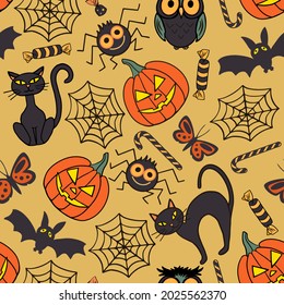 Seamless pattern, hand drawn set of halloween attributes, brown sketch on yellow background