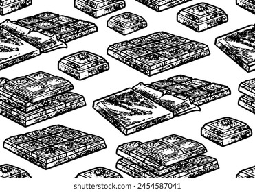 Seamless pattern of Hand drawn set of engraving chocolates. Vector illustration food products. Ready for wrapping and textile print.