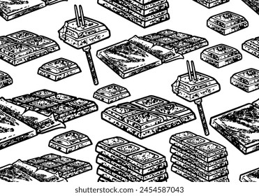 Seamless pattern of Hand drawn set of engraving chocolates. Vector illustration food products. Ready for wrapping and textile print.