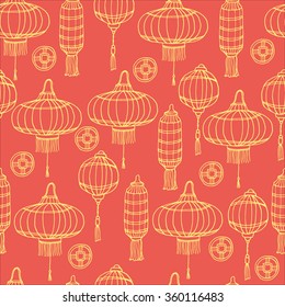 Seamless pattern with hand drawn set of Chinese paper sky lantern and coins. Traditional lamps for Chinese New Year decoration and home decor. Vector illustration. Feng Shui symbol and decor element.