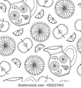 Seamless pattern with hand drawn set with fruits: slice of lemon, orange, apple and lemonade or sangria in the pot. Half of fruits from different sides. Vector stock illustration. Wrapping paper.