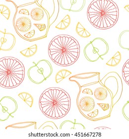 Seamless pattern with hand drawn set with fruits: slice of lemon, orange, apple and lemonade or sangria in the pot. Half of fruits from different sides. Vector stock illustration. Wrapping paper.