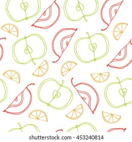 Seamless pattern with hand drawn set with fruits: slice of lemon, orange, apple. Half of fruits from different sides. Vector stock illustration. Wrapping paper.