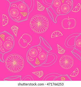 Seamless pattern with hand drawn set with fruits: slice of lemon, orange, apple and lemonade or sangria in the pot. Half of fruits from different sides. Vector stock illustration. Wrapping paper.