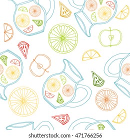 Seamless pattern with hand drawn set with fruits: slice of lemon, orange, apple and lemonade or sangria in the pot. Half of fruits from different sides. Vector stock illustration. Wrapping paper.
