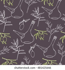 Seamless pattern with hand drawn set with olive oil bottle, green olive with leaves on dark  background. Vector stock illustration. Wrapping paper for cafe. 